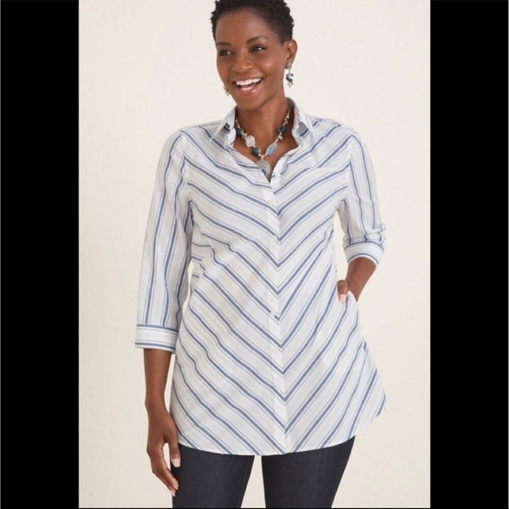 Chico's No Iron Stain Shield Striped White Button Down Tunic Size Small